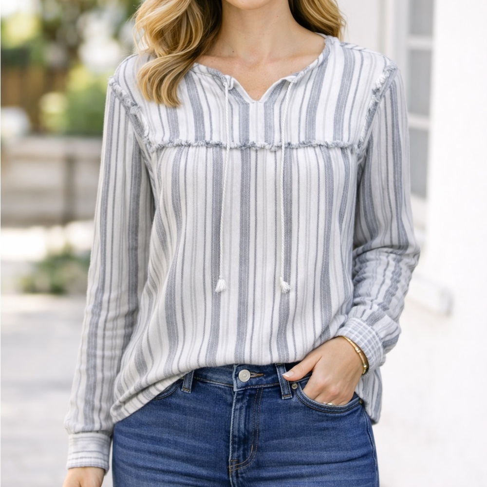 Cloth & Stone Anthropologie Long Sleeve‎ Striped Fringe Tie Tassel Top Large